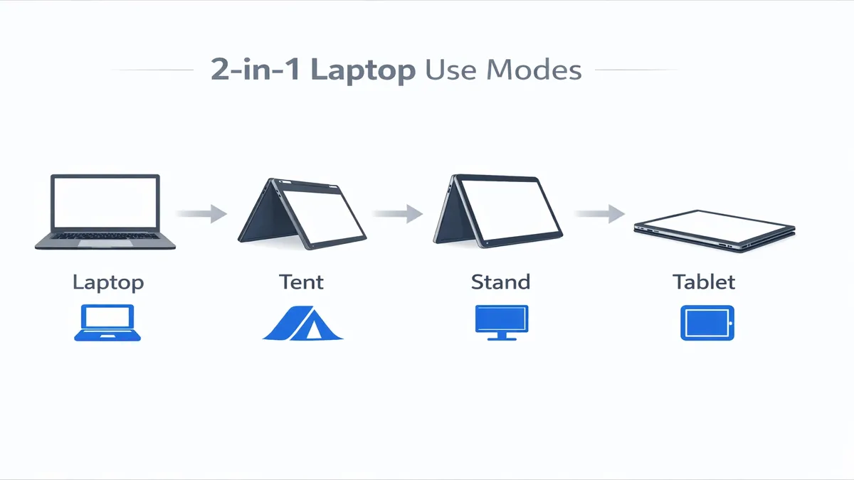 2-in-1 laptop modes — laptop, tent, tablet, studio