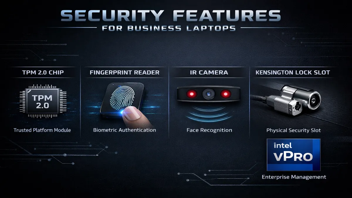 Business laptop security features — TPM, fingerprint, vPro