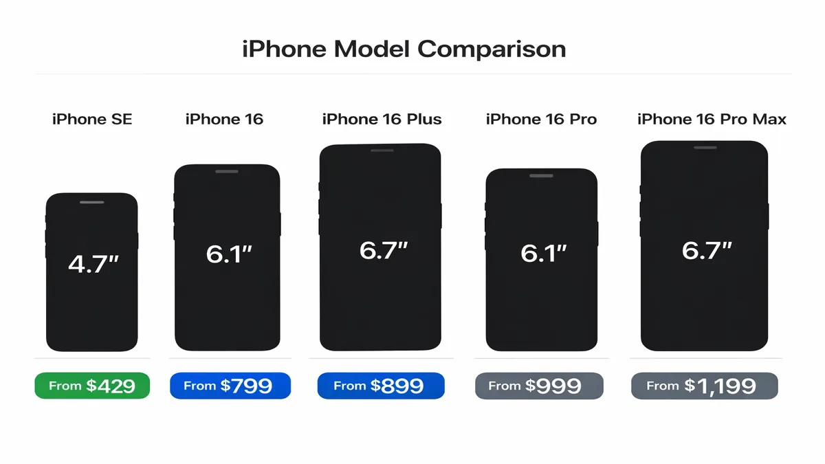 iPhone lineup 2026 — SE vs 16 vs 16 Pro comparison