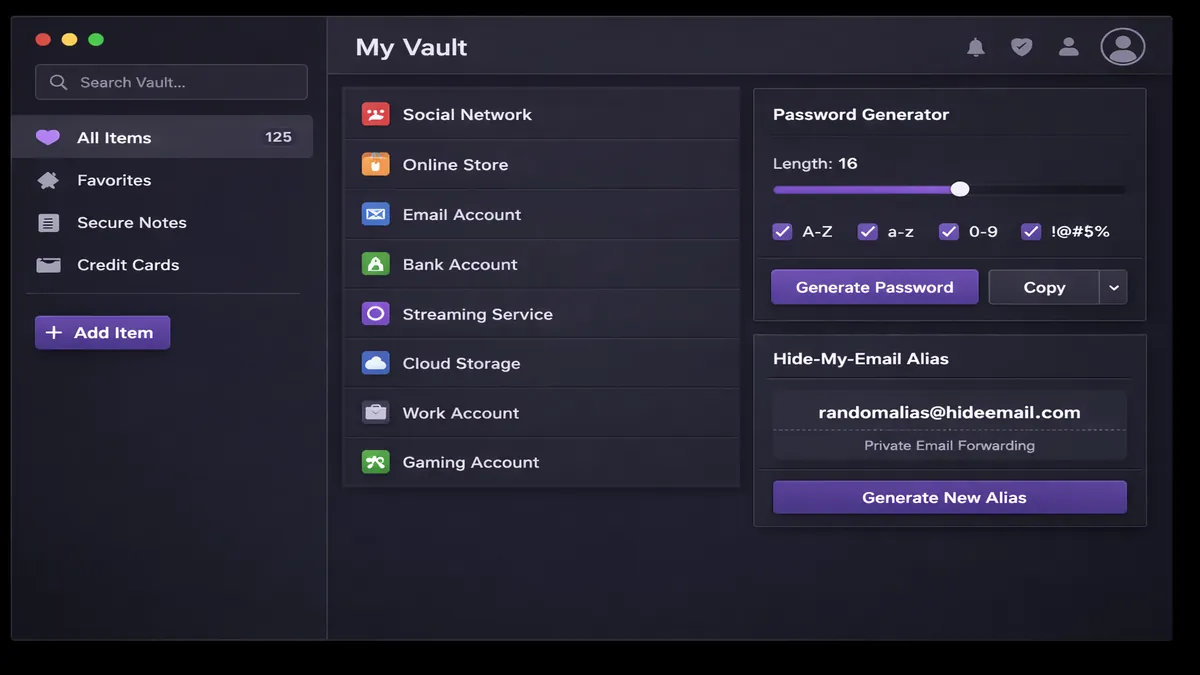 Proton Pass interface showing vault, password generator, and email aliases