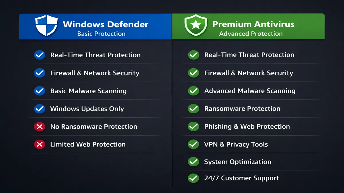 Windows Defender vs dedicated antivirus — feature comparison